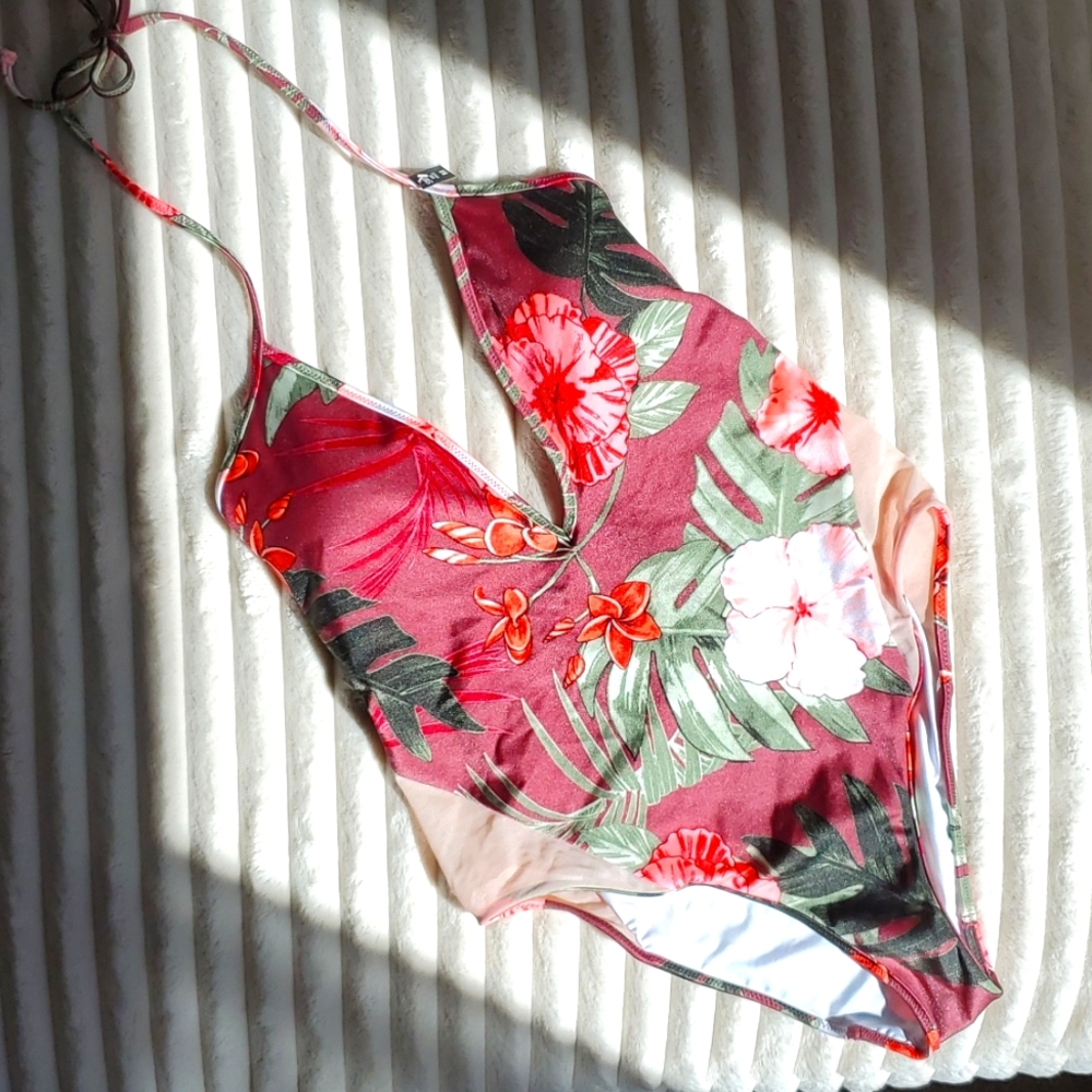 Victoria's Secret Pink Medium Tropical One Piece Plunge Swimsuit
